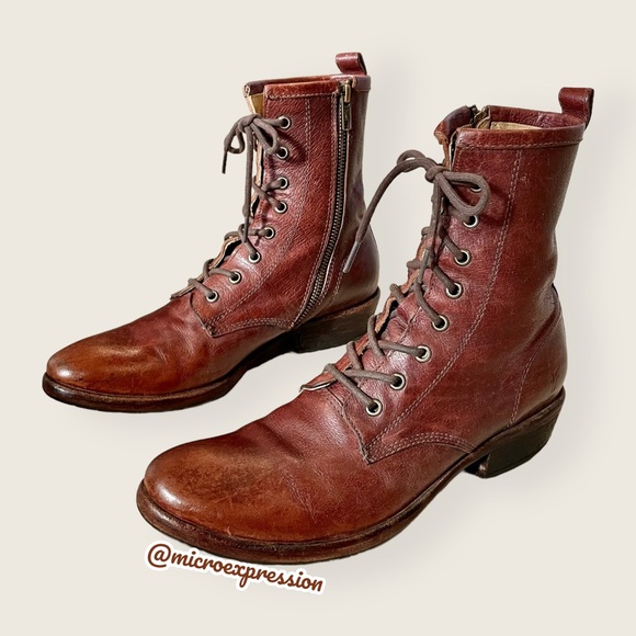 Frye Carson Lug Lace Up Brown Real Leather Combat Granny Pull On Cute Ankle Boot - Picture 8 of 13